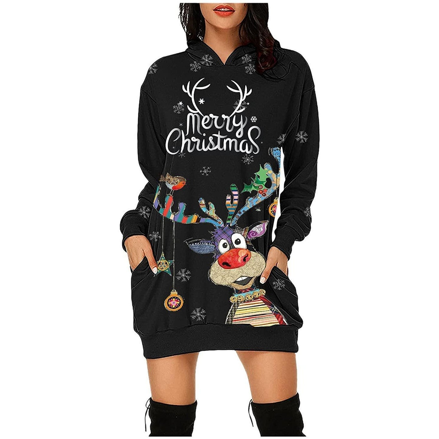 Langärmliges Weihnachtskapuzenkleid mit Print für Damen